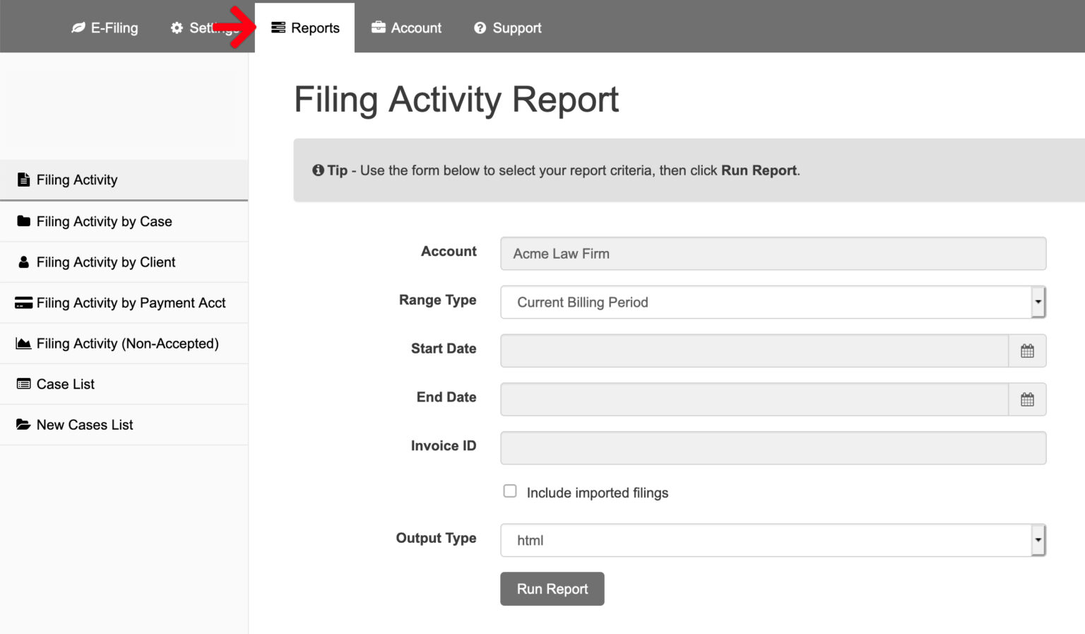 reports-allows-users-to-run-a-variety-of-reports-in-the-e-filing
