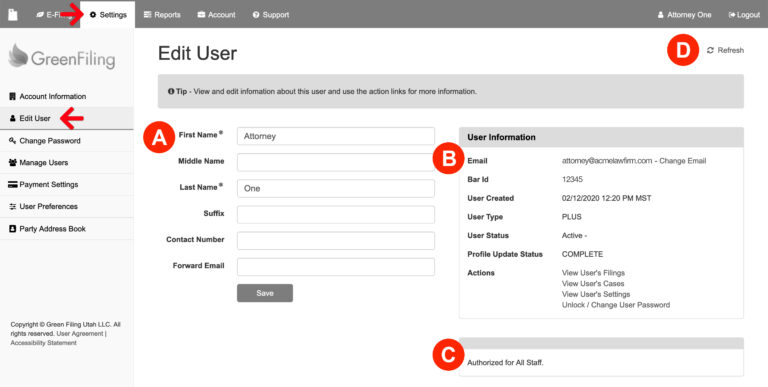 Settings: Edit User to View/ Edit User information in the application