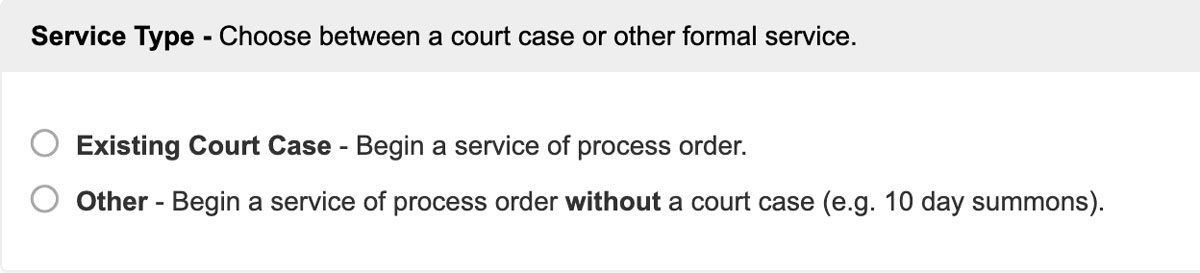 select an existing case or other service type