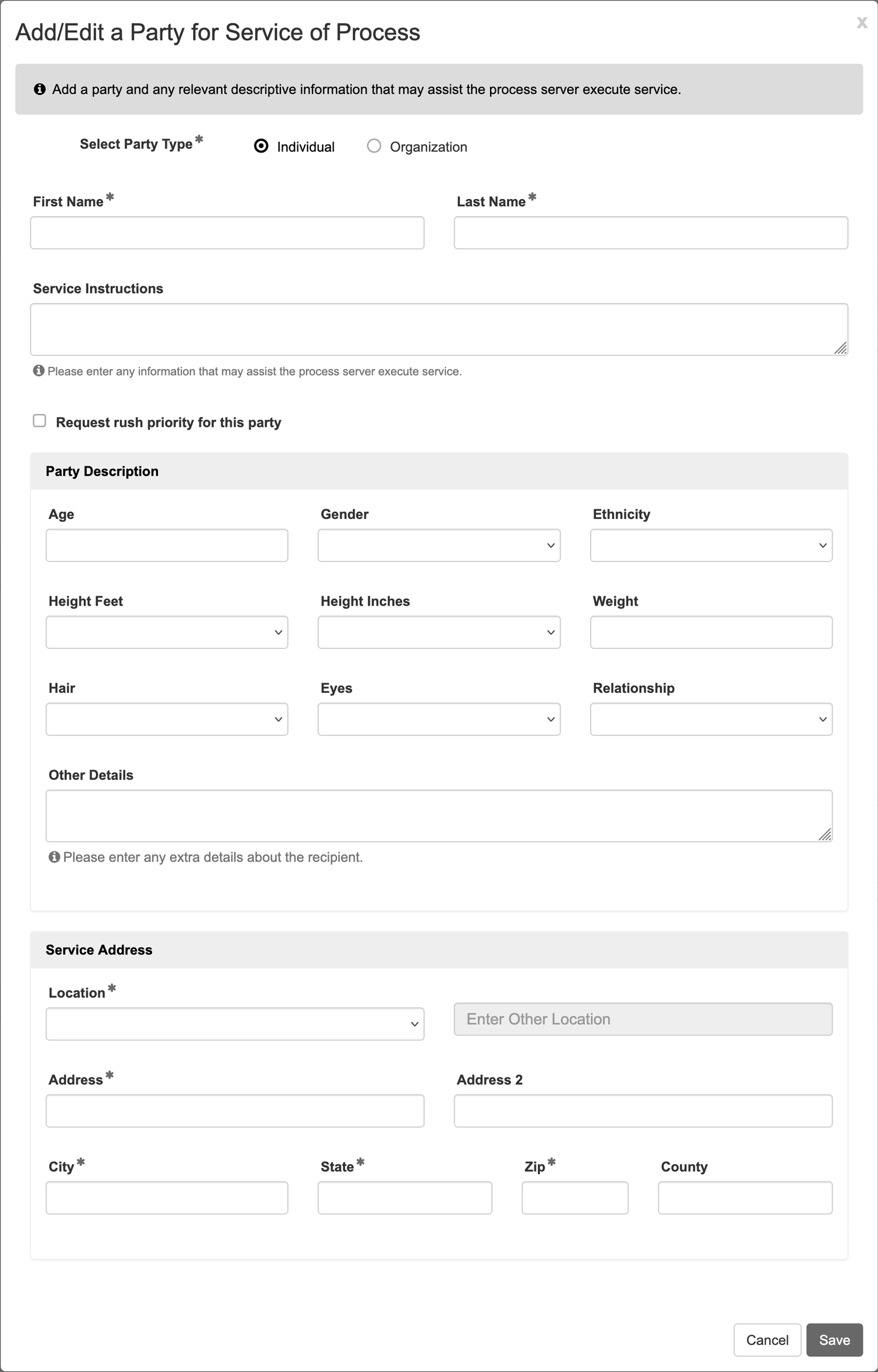 Add an Individual Party for Service of Process