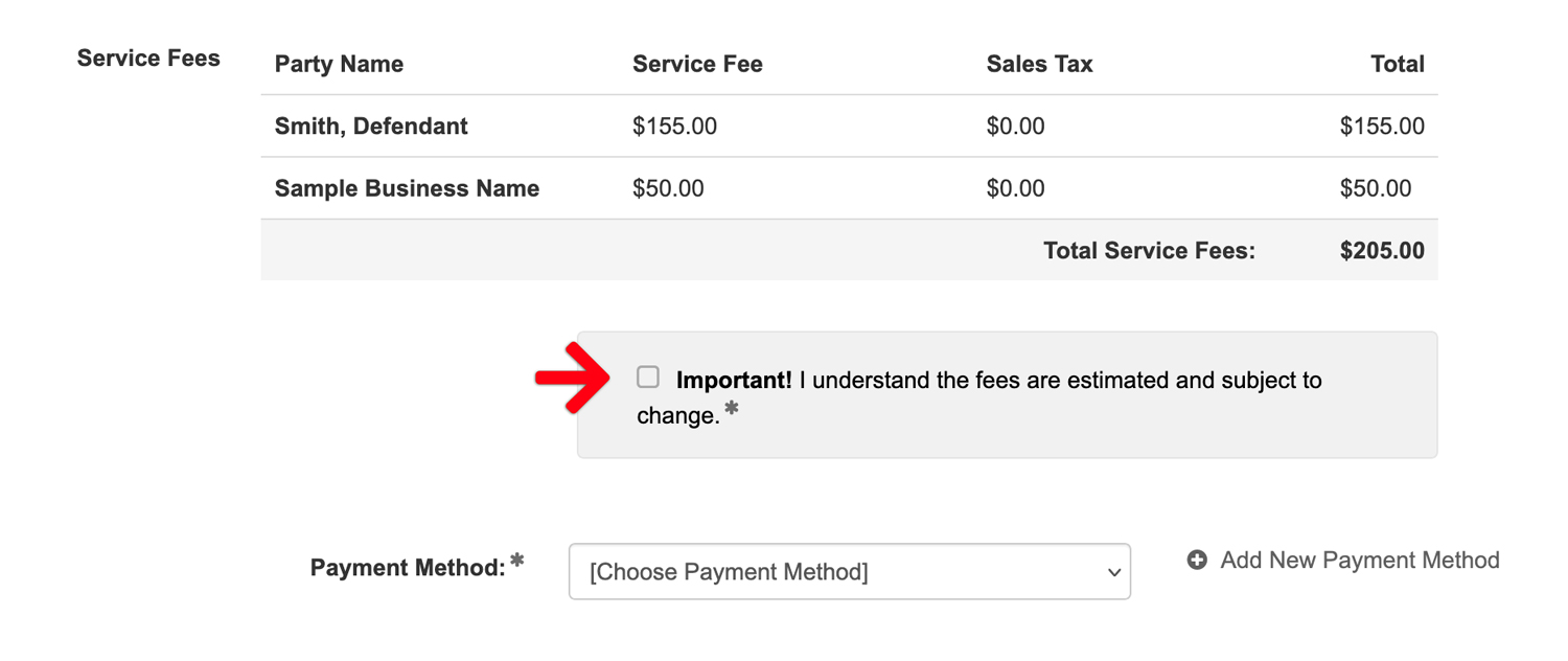 Service of Process Estimated Fees