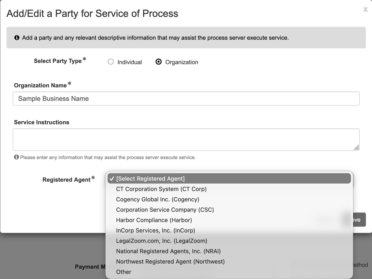 Add a Business or Organization for Service of Process
